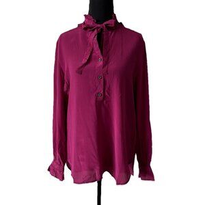 J.Crew 100% Silk Blouse Top Sz 4 Long Sleeve Bow Tie Magenta Professional Career